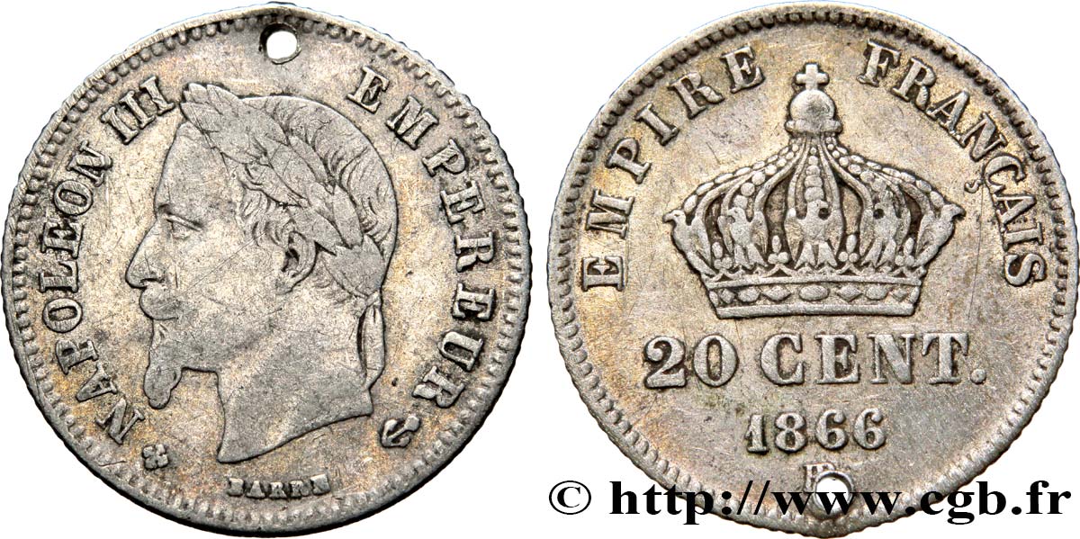 20 centimes Napoléon III, tête laurée, petit module 1866 Strasbourg F.149/5 TB 