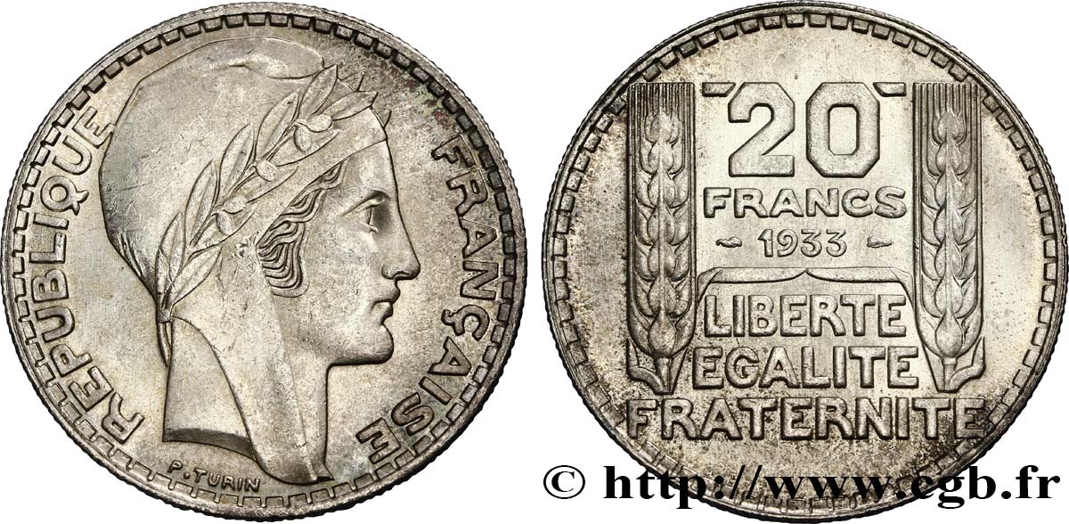 20 francs Turin, rameaux courts 1933  F.400/4 MS63 