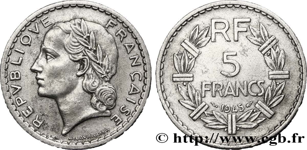 5 francs Lavrillier, aluminium 1945 Beaumont-Le-Roger F.339/4 MBC48 