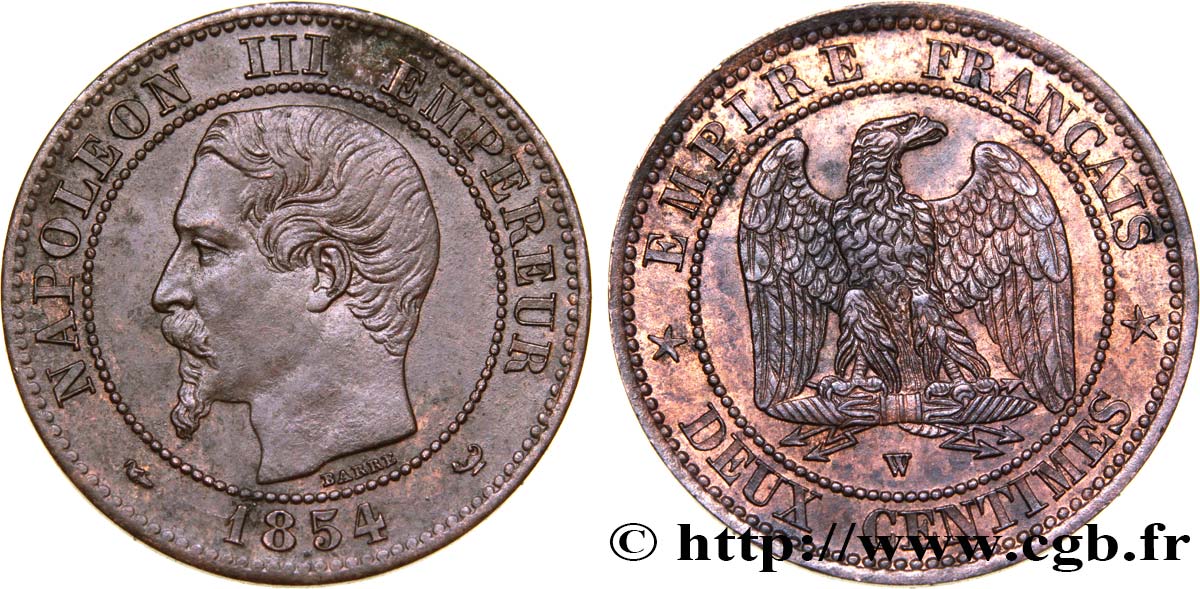 Deux centimes Napoléon III, tête nue 1854 Lille F.107/18 SPL58 