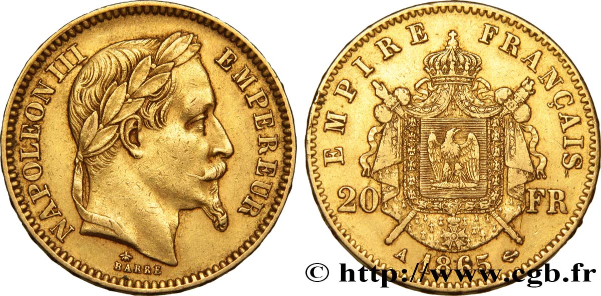 20 francs or Napoléon III, tête laurée 1865 Paris F.532/11 XF40 