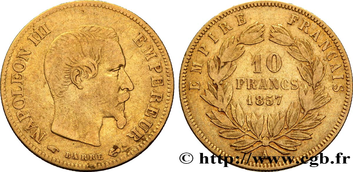 10 francs or Napoléon III, tête nue, grand module 1857 Paris F.506/4 VF30 