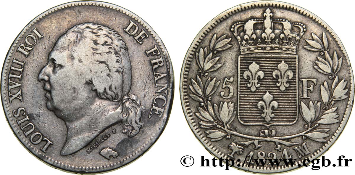 5 francs Louis XVIII, tête nue 1824 Marseille F.309/96 VF30 