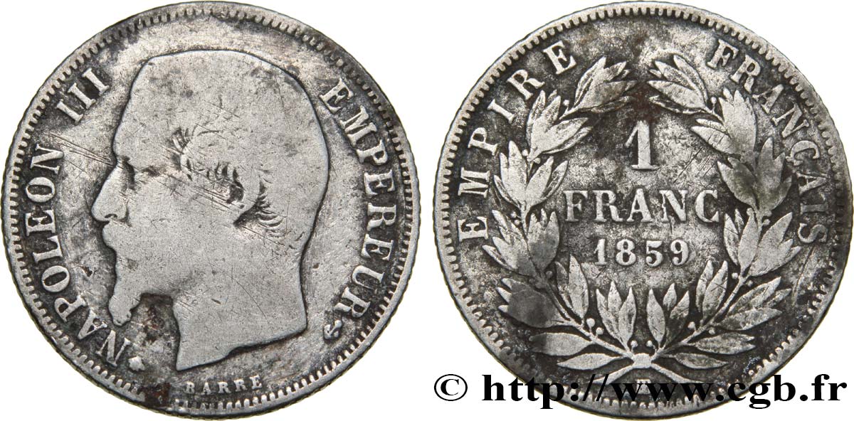 1 franc Napoléon III, tête nue  1859 Strasbourg F.214/13 VF20 