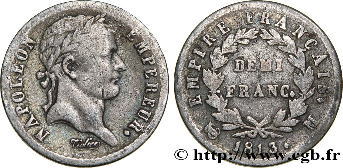 Demi-franc Napoléon Ier tête laurée, Empire français 1813 Toulouse F.178/57 TB18 