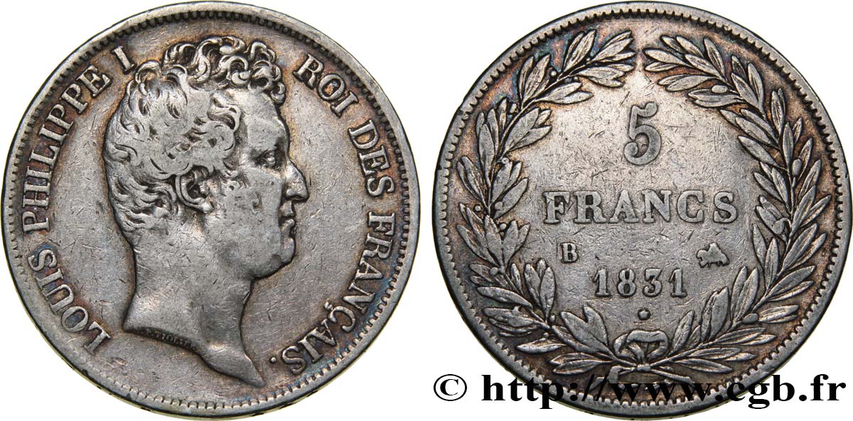 5 francs type Tiolier avec le I, tranche en creux 1831 Rouen F.315/15 VF30 