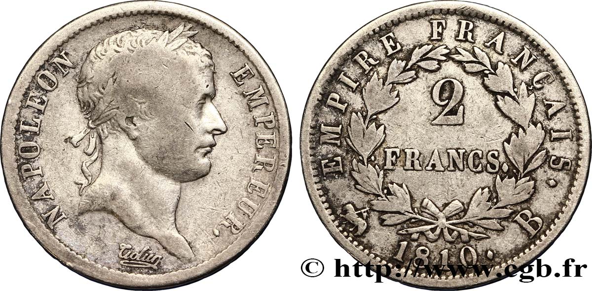 2 francs Napoléon Ier tête laurée, Empire français 1810 Rouen F.255/11 TB20 