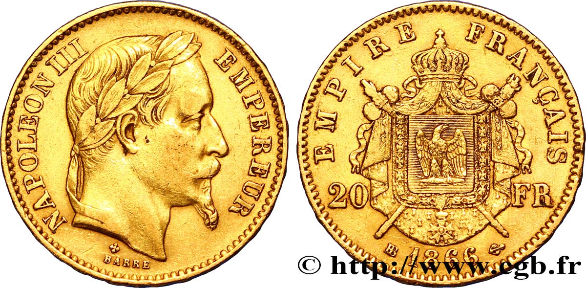 20 francs or Napoléon III, tête laurée 1866 Strasbourg F.532/14 MBC45 