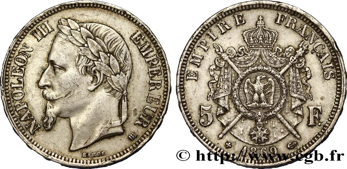 5 francs Napoléon III, tête laurée 1869 Strasbourg F.331/15 VF30 
