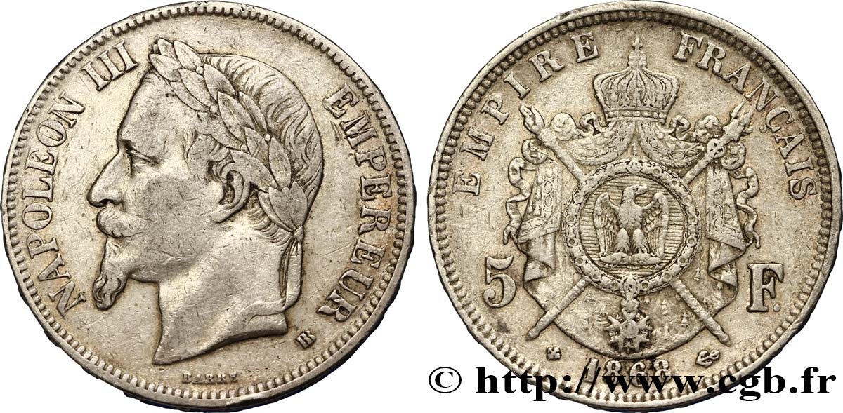 5 francs Napoléon III, tête laurée 1868 Strasbourg F.331/13 S25 