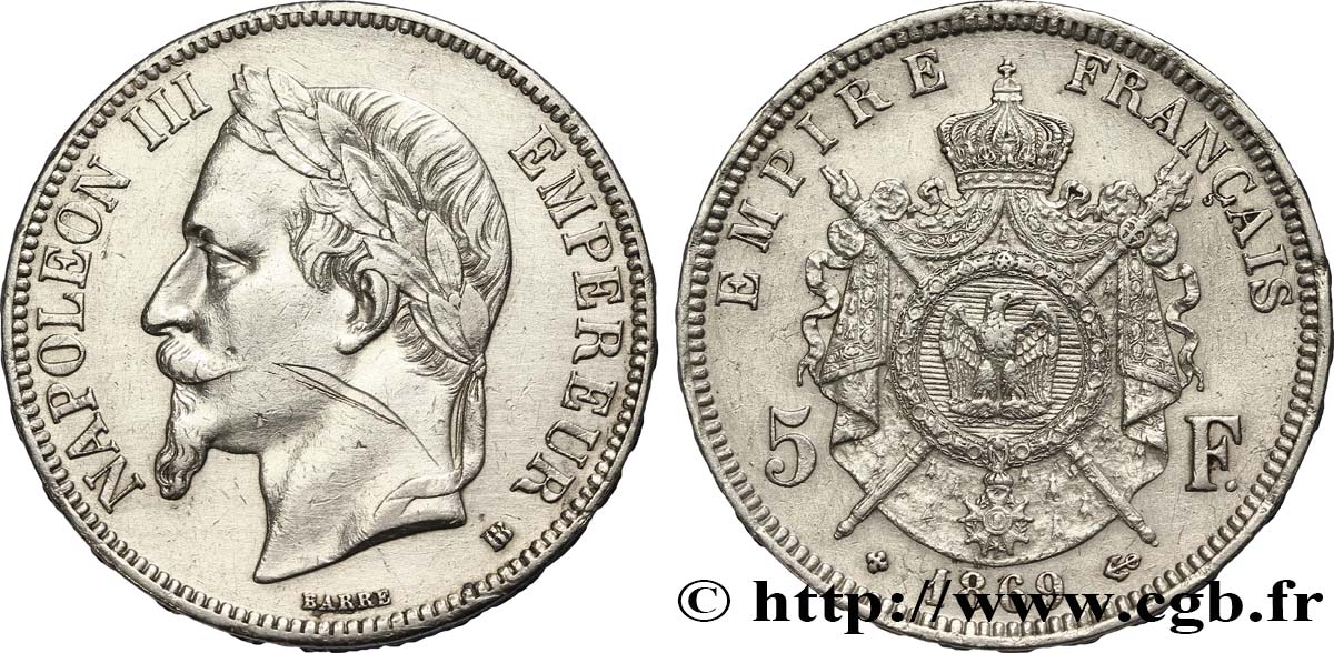 5 francs Napoléon III, tête laurée 1869 Strasbourg F.331/15 VF35 
