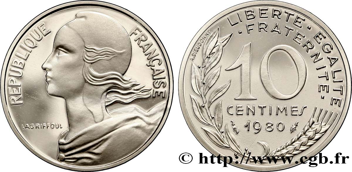 Piéfort argent de 10 centimes Marianne 1980 Pessac F.144/20P MS65 