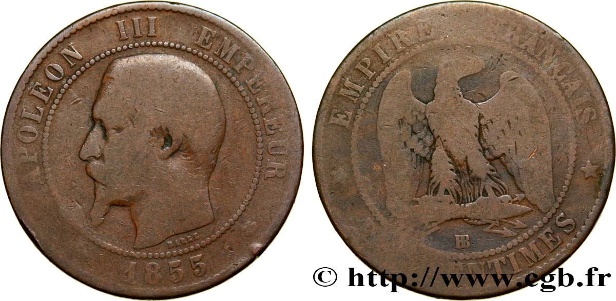 Dix centimes Napoléon III, tête nue 1855 Strasbourg F.133/23 B8 