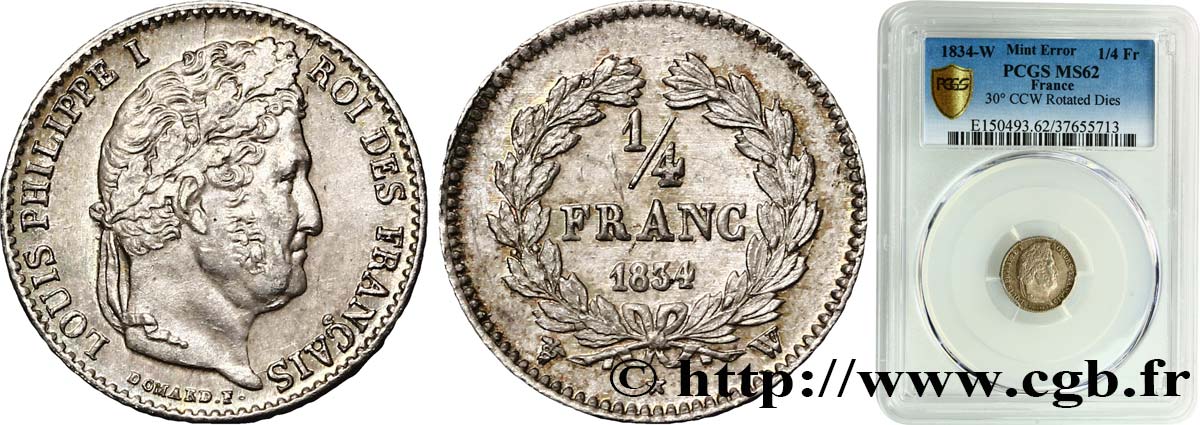 1/4 franc Louis-Philippe, coins tournés à 5h 1834 Lille F.166/48 SUP62 PCGS