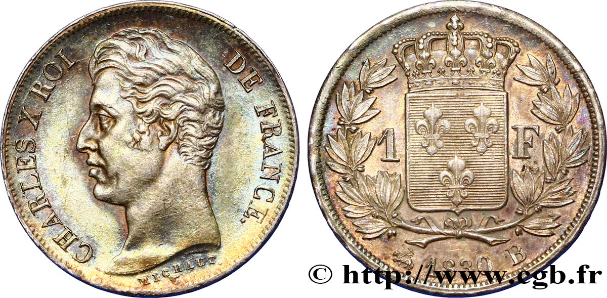 1 franc Charles X, matrice du revers à cinq feuilles 1830 Rouen F.207/55 VZ60 