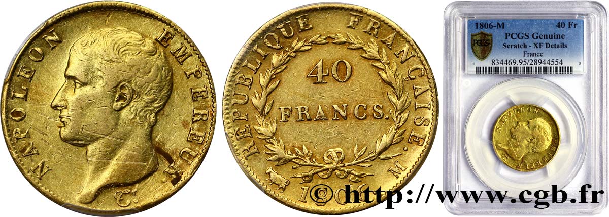 40 francs or Napoléon tête nue, Calendrier grégorien 1806 Toulouse F.538/3 XF PCGS