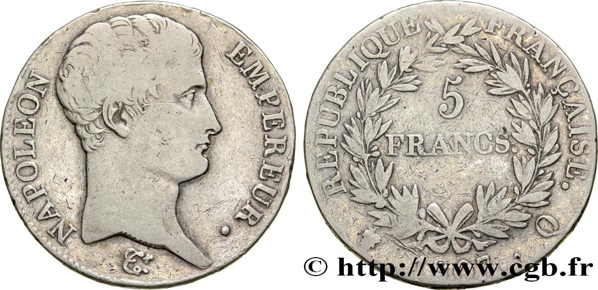 5 francs Napoléon Empereur, Calendrier grégorien 1807 Perpignan F.304/20 VF22 