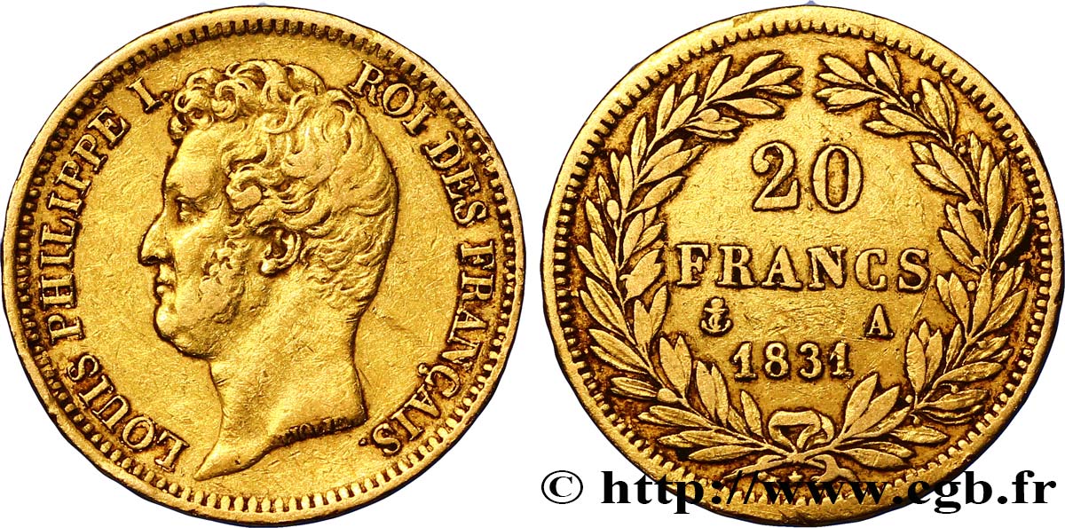 20 francs or Louis-Philippe, Tiolier, tranche inscrite en relief 1831 Paris F.525/2 MBC40 