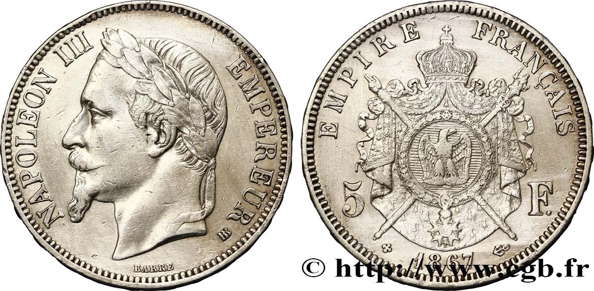 5 francs Napoléon III, tête laurée 1867 Strasbourg F.331/11 MBC 