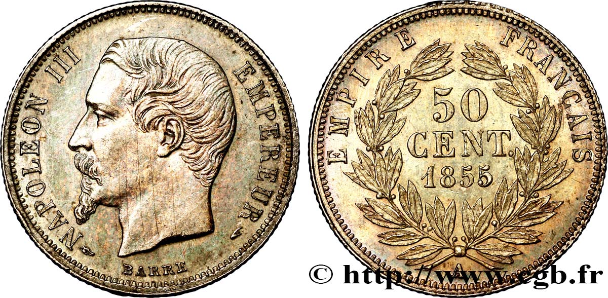 50 centimes Napoléon III, tête nue 1855 Paris F.187/3 SPL60 