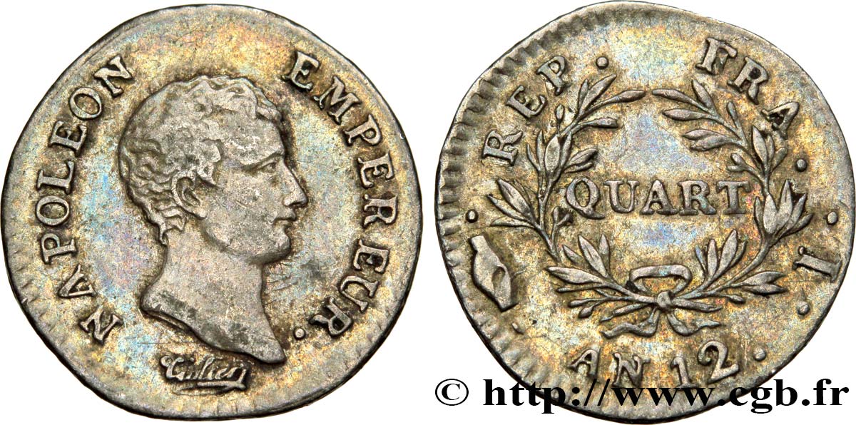 Quart (de franc) Napoléon Empereur, Calendrier révolutionnaire 1804 Limoges F.158/4 TTB48 