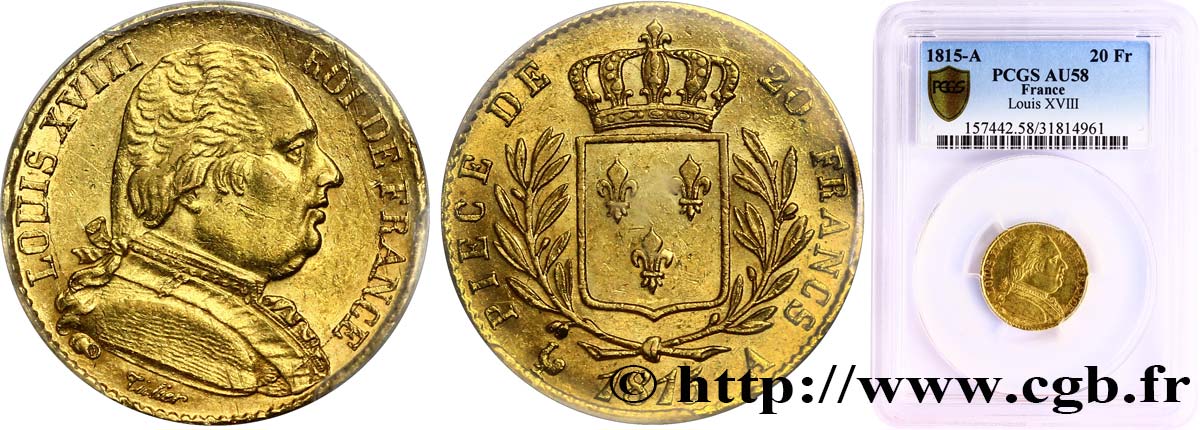 20 francs or Louis XVIII, buste habillé 1815 Paris F.517/10 SUP58 PCGS