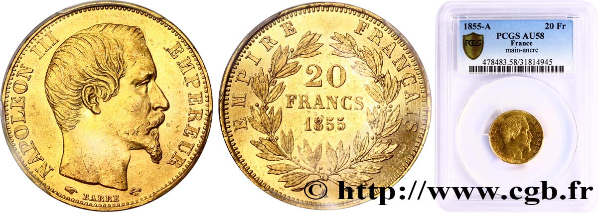 20 francs or Napoléon III, tête nue 1855 Paris F.531/4 SUP58 PCGS
