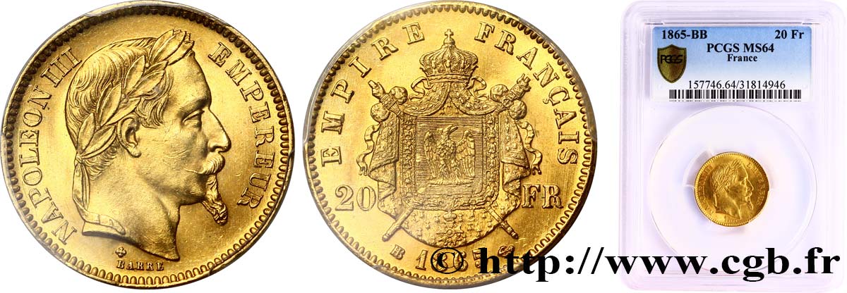 20 francs or Napoléon III, tête laurée 1865 Strasbourg F.532/12 SPL64 PCGS