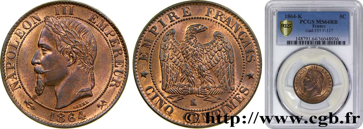 Cinq centimes Napoléon III, tête laurée 1864 Bordeaux F.117/15 SPL64 PCGS