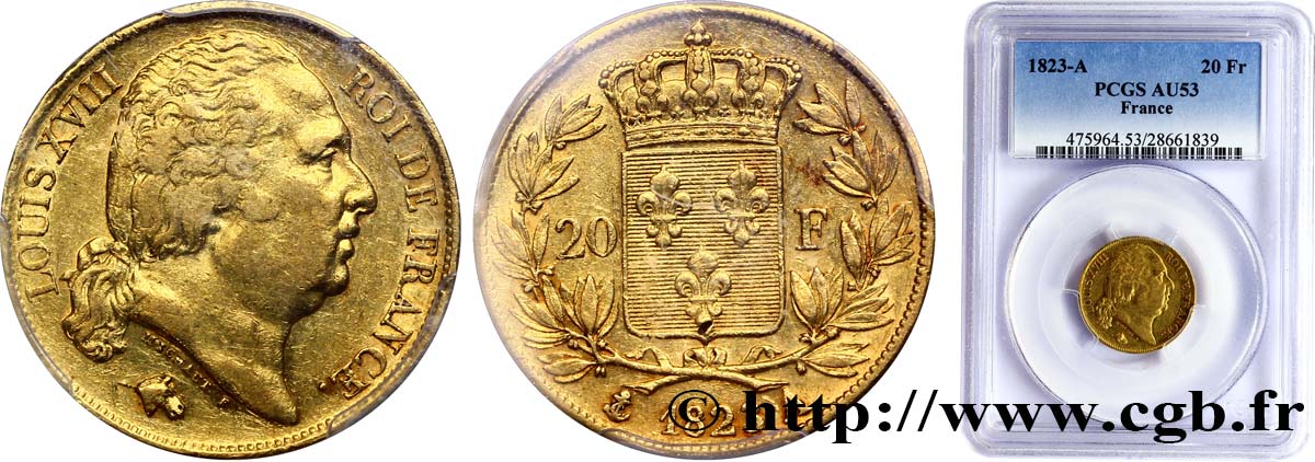 20 francs or Louis XVIII, tête nue 1823 Paris F.519/29 AU50 
