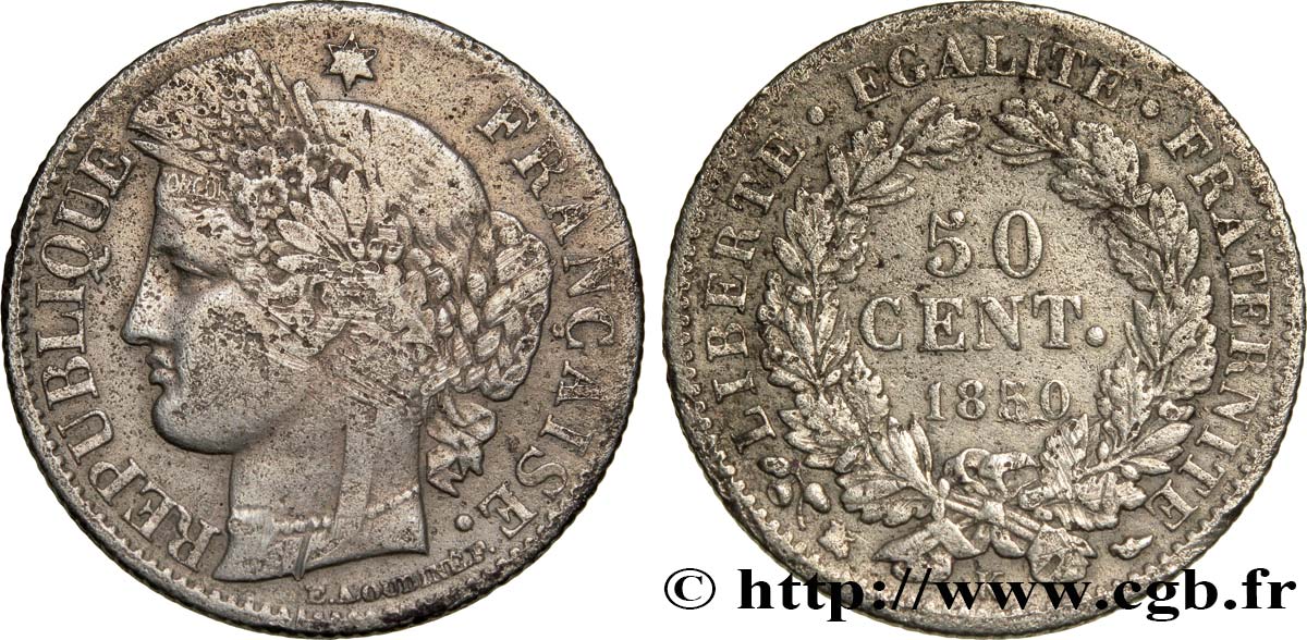 50 centimes Cérès, IIe République 1850 Bordeaux F.184/4 VF20 