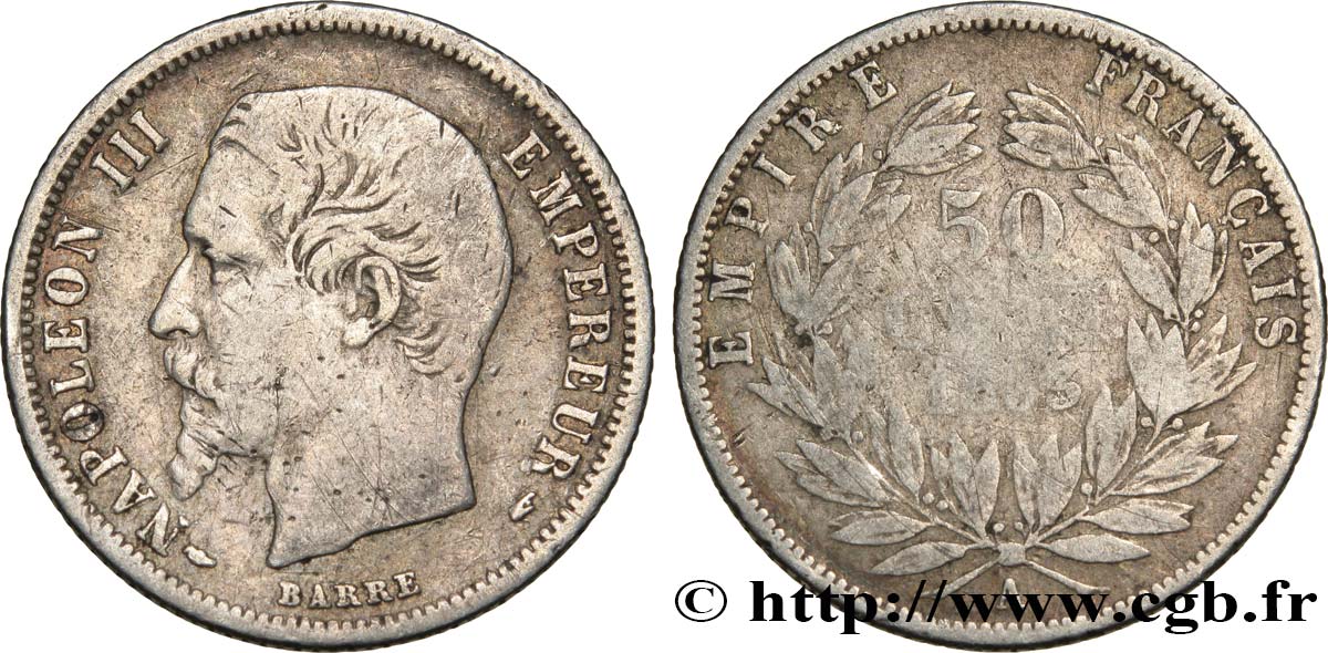 50 centimes Napoléon III, tête nue 1853 Paris F.187/1 TB25 