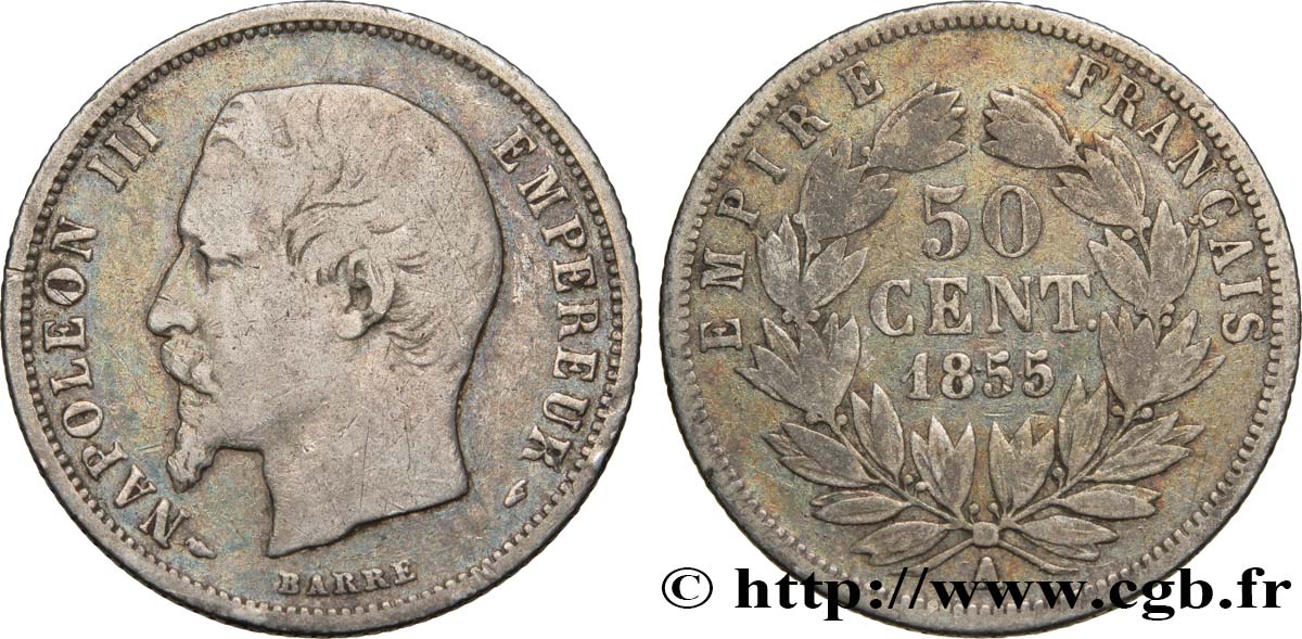 50 centimes Napoléon III, tête nue 1855 Paris F.187/3 VF20 