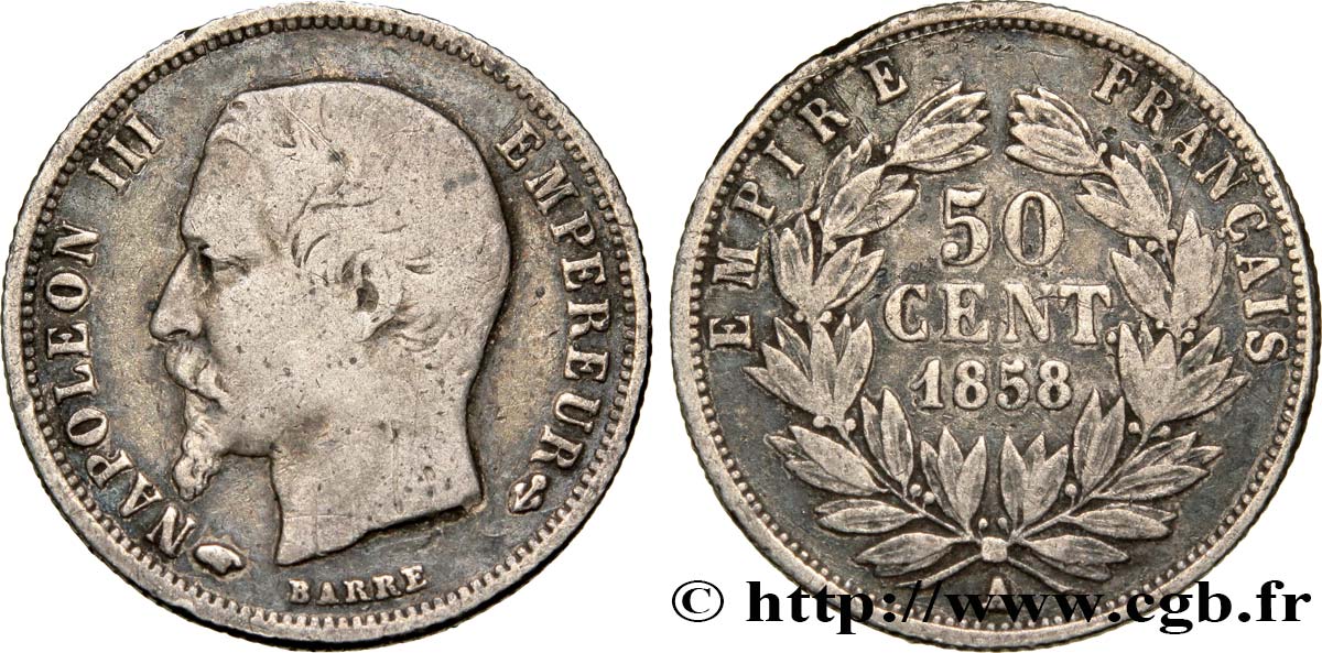 50 centimes Napoléon III, tête nue 1858 Paris F.187/9 VF28 