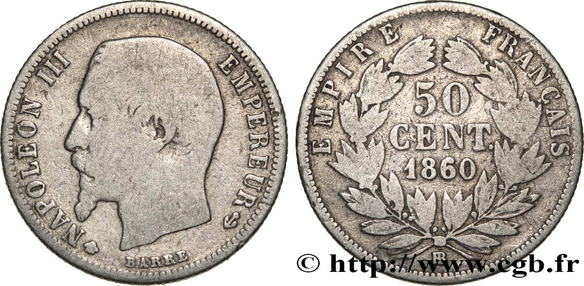 50 centimes Napoléon III, tête nue 1860 Strasbourg F.187/14 B12 