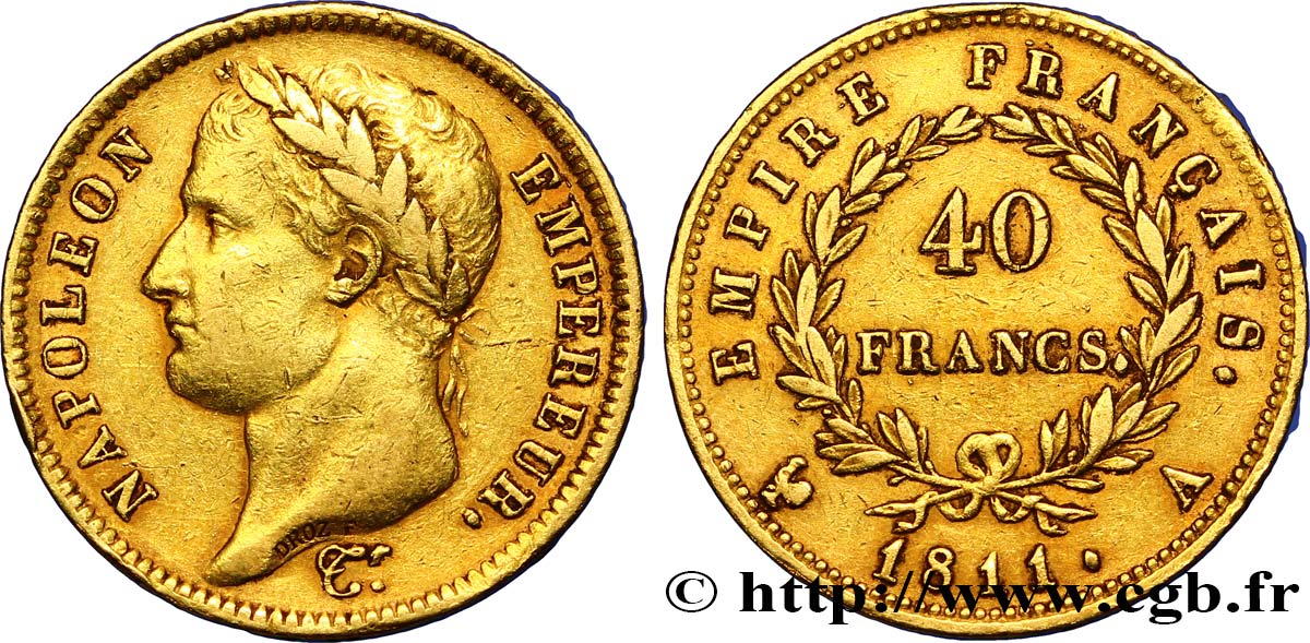 40 francs or Napoléon tête laurée, Empire français 1811 Paris F.541/6 MBC42 