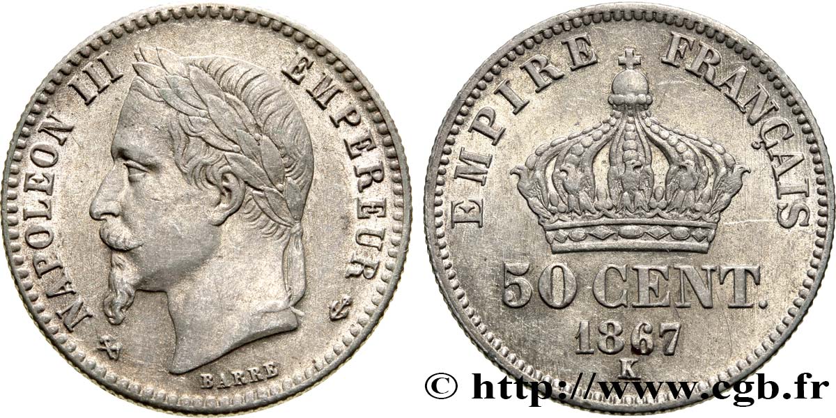 50 centimes Napoléon III, tête laurée 1867 Bordeaux F.188/18 AU52 