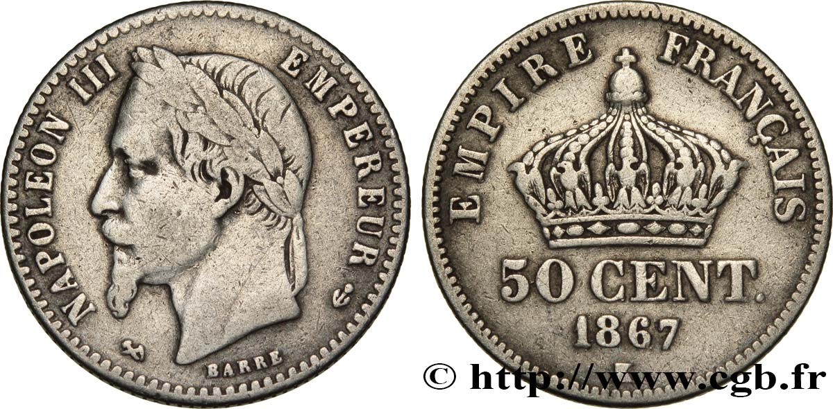 50 centimes Napoléon III, tête laurée 1867 Bordeaux F.188/19 MB25 