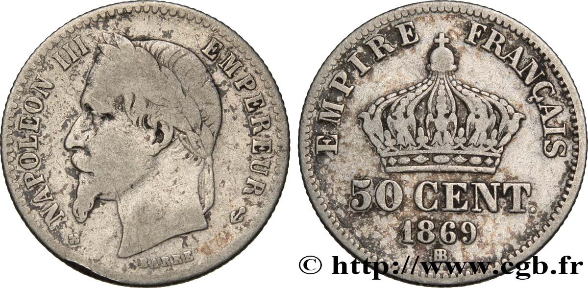 50 centimes Napoléon III, tête laurée 1869 Strasbourg F.188/23 TB15 