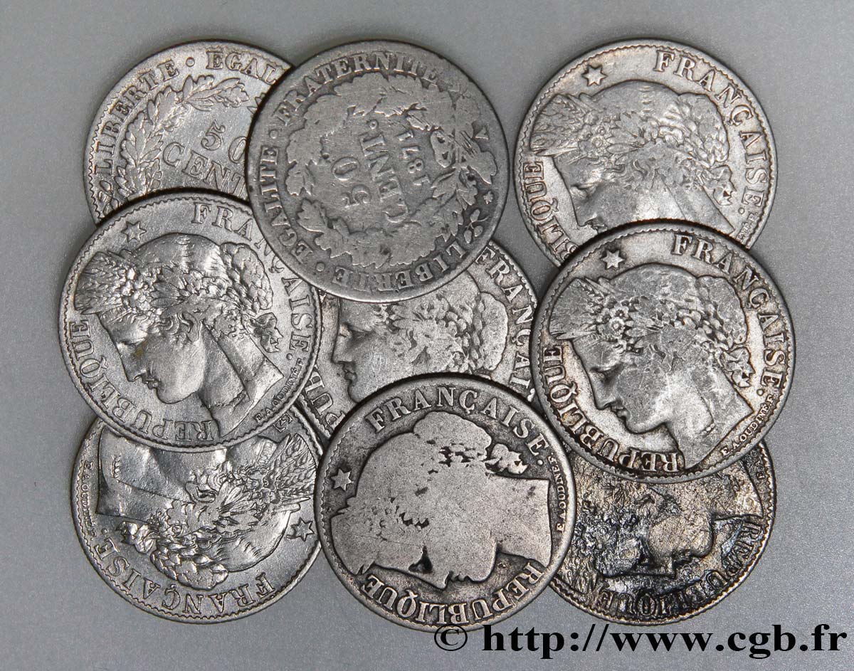 Lot de neuf pièces de 50 centimes Cérès, IIIe République n.d. n.l. F.189/- B/BB 