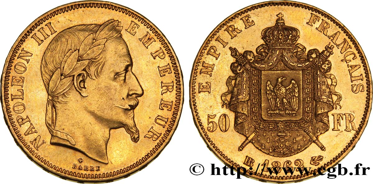 50 francs or Napoléon III, tête laurée 1862 Strasbourg F.548/2 AU50 