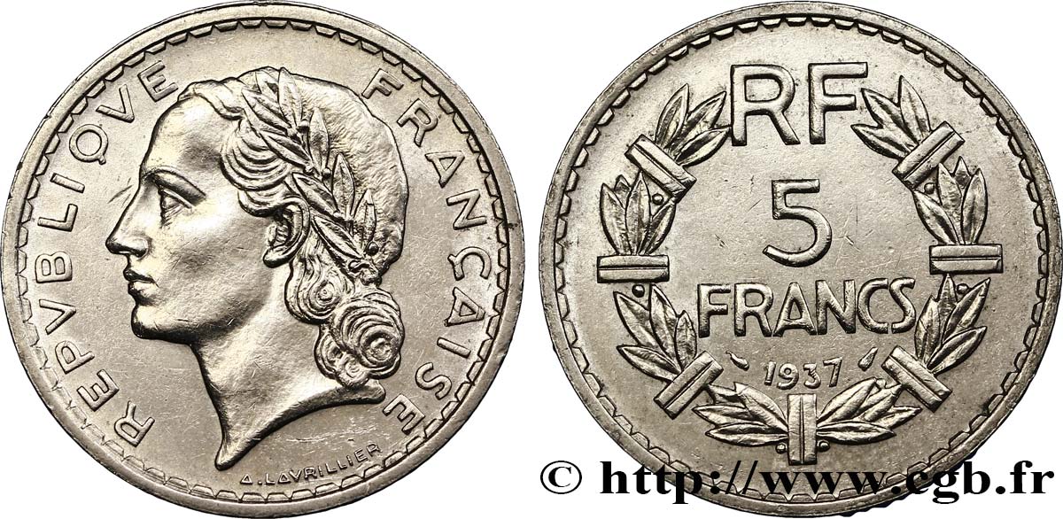5 francs Lavrillier, nickel 1937  F.336/6 TTB53 