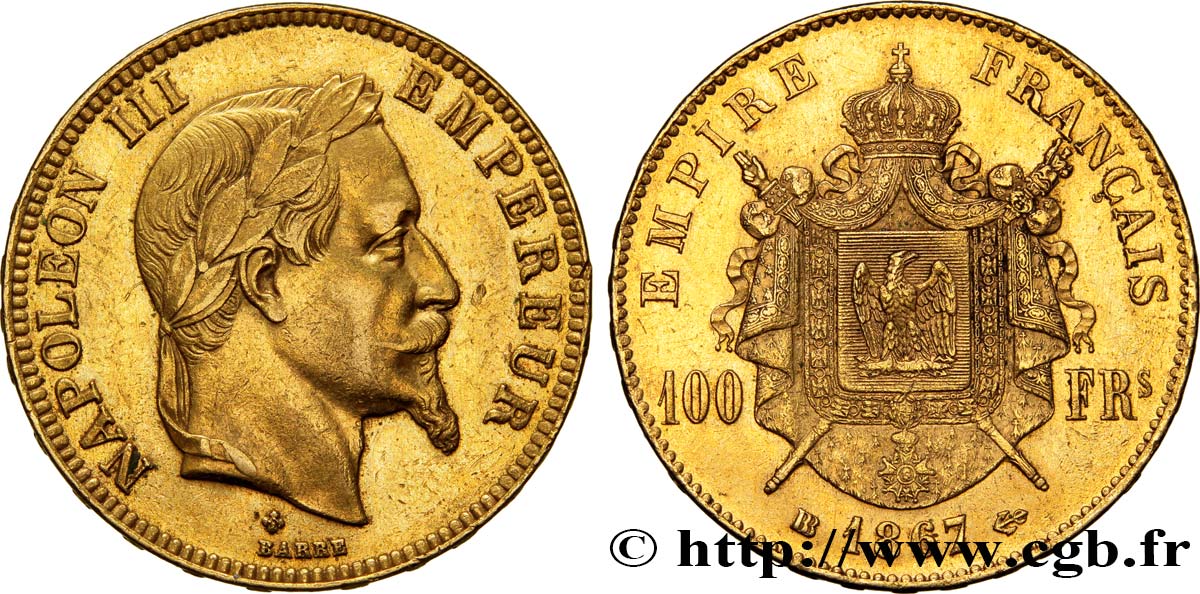 100 francs or Napoléon III, tête laurée 1867 Strasbourg F.551/9 AU50 