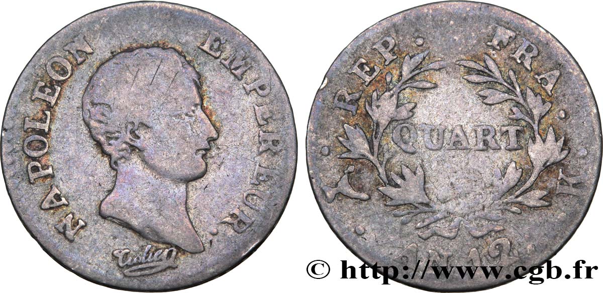 Quart (de franc) Napoléon Empereur, Calendrier révolutionnaire 1804 Bordeaux F.158/5 B12 