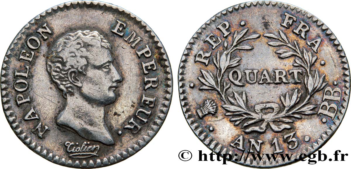 Quart (de franc) Napoléon Empereur, Calendrier révolutionnaire 1805 Strasbourg F.158/9 SS48 
