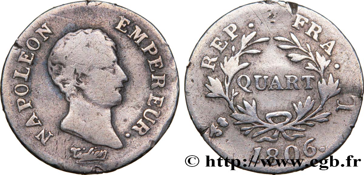 Quart (de franc) Napoléon Empereur, Calendrier grégorien 1806 Bayonne F.159/4 TB15 