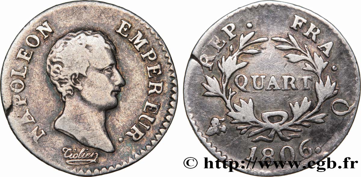 Quart (de franc) Napoléon Empereur, Calendrier grégorien 1806 Perpignan F.159/5 MB30 