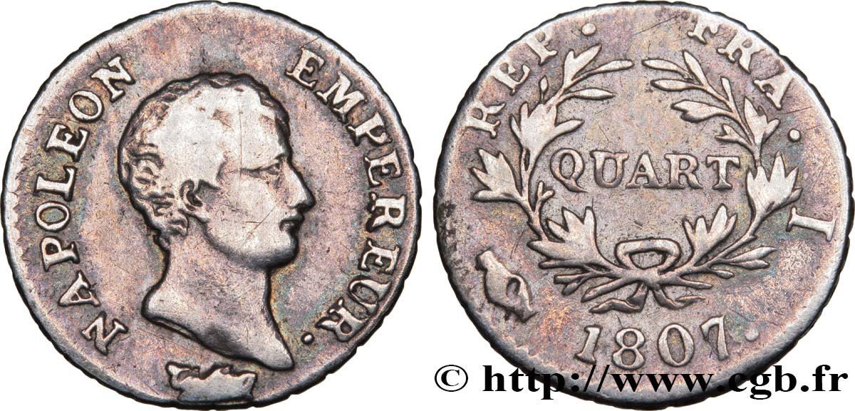 Quart (de franc) Napoléon Empereur, Calendrier grégorien 1807 Limoges F.159/6 TB30 