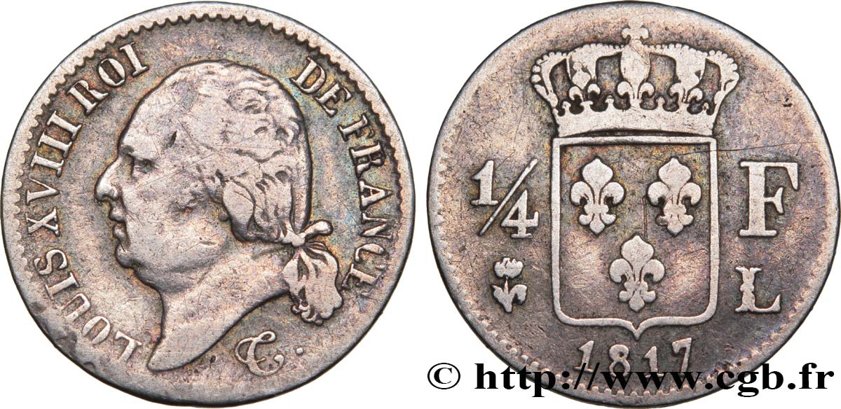 1/4 franc Louis XVIII 1817 Bayonne F.163/6 VF25 