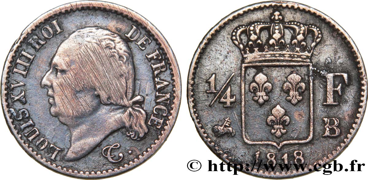 1/4 franc Louis XVIII 1818 Rouen F.163/13 TB15 